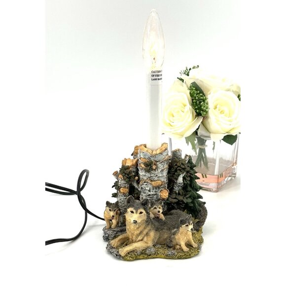 Cabin Theme Wolf Accent Table Lamp WolvesPups Birch Trees Woods Detailed Resin - Picture 3 of 15